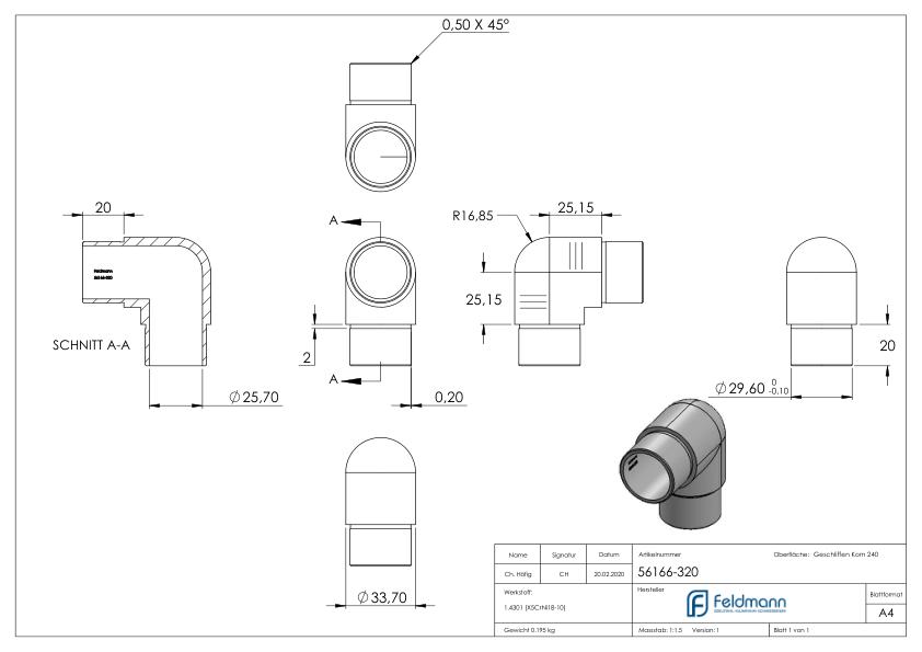 Rohrbogen 90° eng, für Rohr 33,7x2,0mm, V2A