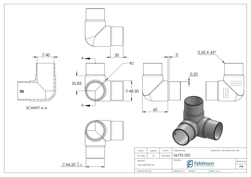 Ecke 90° mit Abgang, für Rohr 48,3x2,0mm, V2A