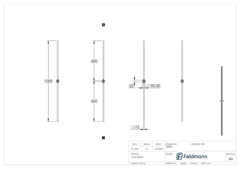 Stab 12x12mm glatt, Länge 1000mm