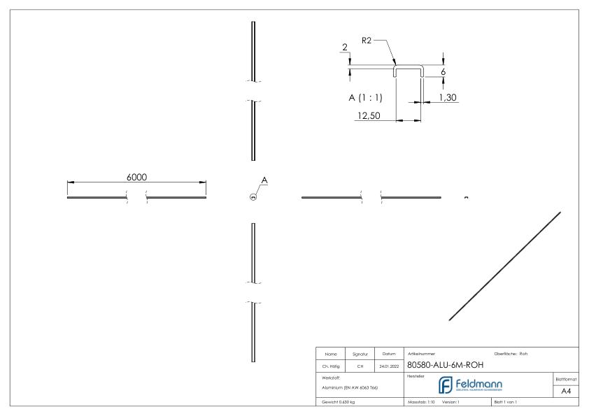 Kantenschutz EXTRA SLIM, für Glas 10,00 - 11,52mm, L: 6000mm, Aluminium roh
