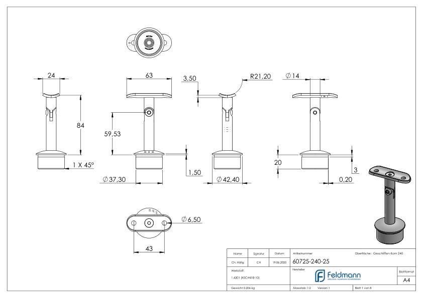 Rohrabschlussstopfen für Rohr 42,4x2,5mm, Handlaufanschlussplatte: 42,4mm, V2A