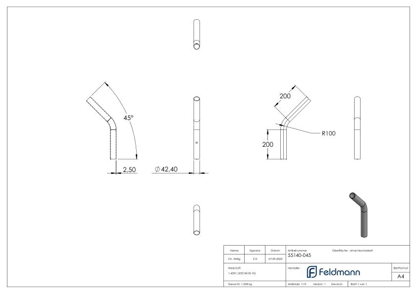 Rohrbogen 45°, aus Rohr 42,4x2,5mm, V2A