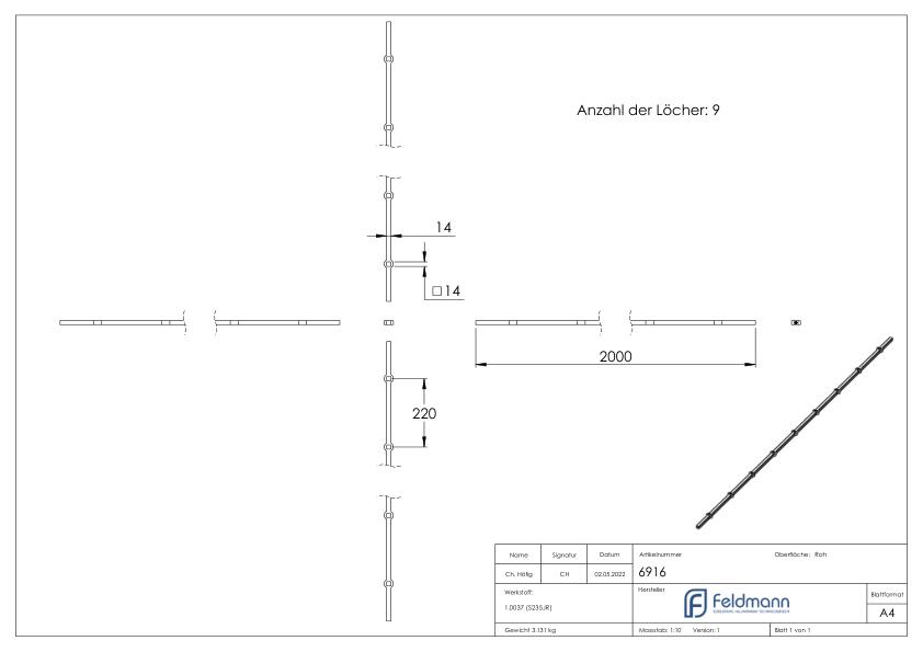 Lochleiste S235JR, 14x14mm, Lochabstand 220mm, 2000mm