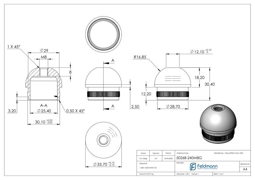 Rohrabschlussstopfen mit M8, für Rohr 33,7x2,0mm, V2A