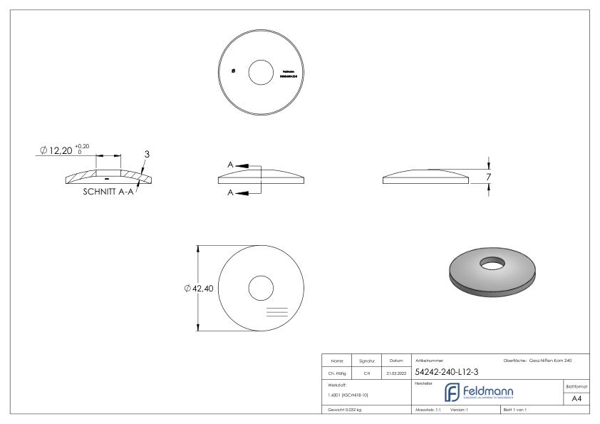 Gewölbte Schale, Ø 42,4mm, mit Bohrung 12,2mm, V2A