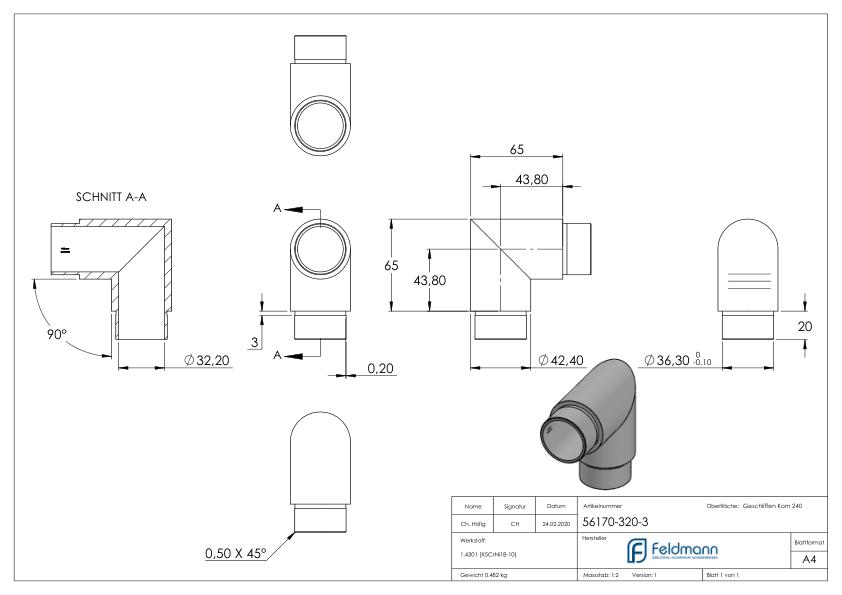 Eckstück 90°, für Rohr 42,4x3,0mm, V2A