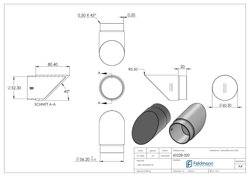Endbogen 45°, für Rohr 60,3x2,0mm, V2A