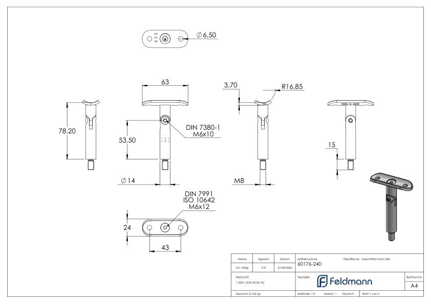 Gelenkstift mit Handlaufanschlussplatte 33,7mm, V2A