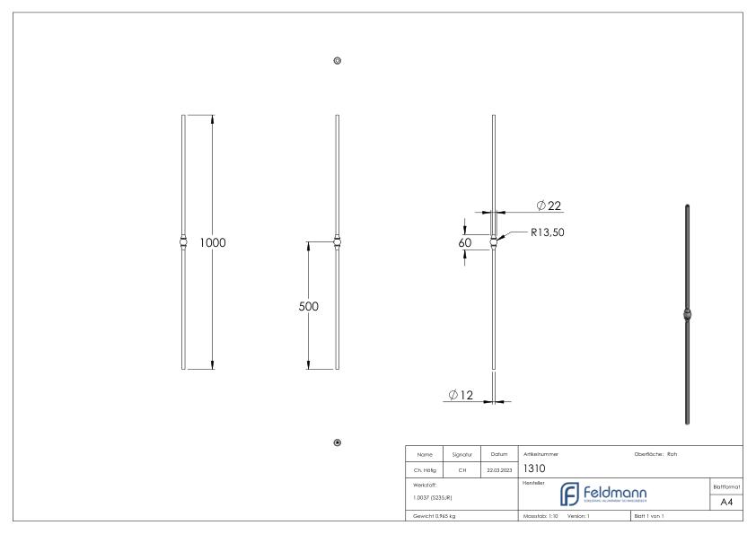 Stab Ø 12mm glatt, H: 1000mm