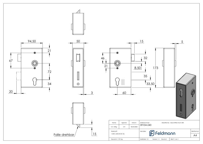 Edelstahlschlosskasten mit verzinktem Schloss, Abmessung: 50x94,5x173mm
