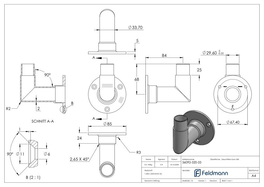 Wandhalter 90° für Rohr 33,7x2,0mm, V2A