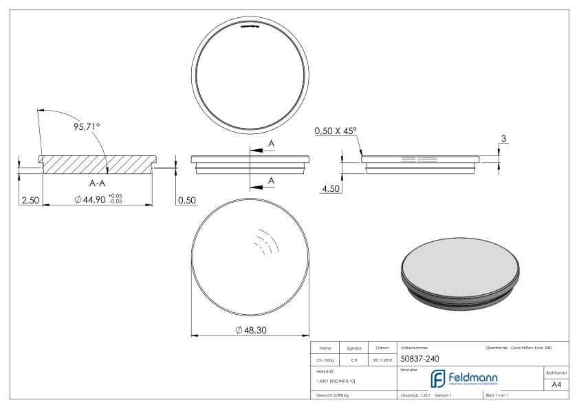 Rohrabschlussstopfen, für Rohr 48,3x2,0mm, V2A