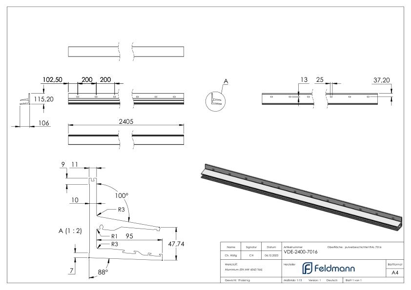 Vordachprofil eleganza canopy, L: 2405mm, RAL7016