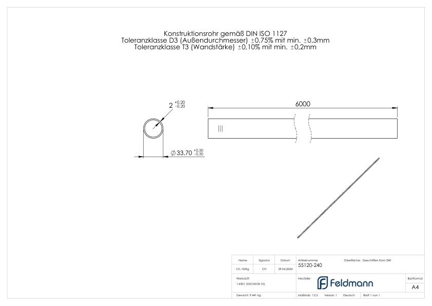Edelstahlrohr, 33,7x2,0mm, L: 6000mm, V2A