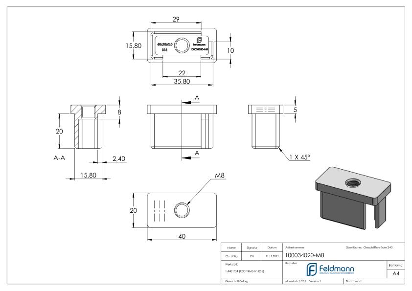 Einsteckkappe, für Rohr 40x20x2,0mm, V4A