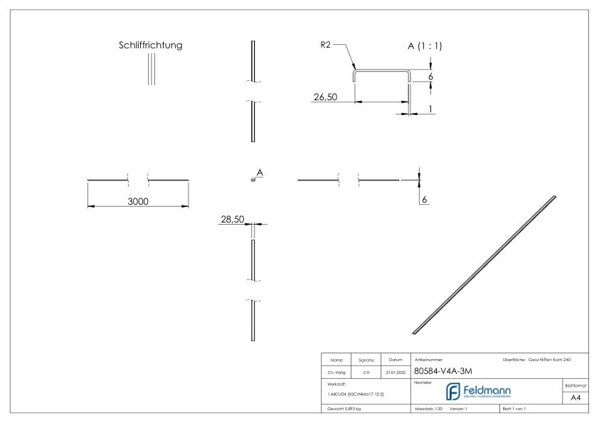 Kantenschutz EXTRA SLIM, für Glas 24,00 - 25,52mm, L: 3000mm, Edelstahl V4A