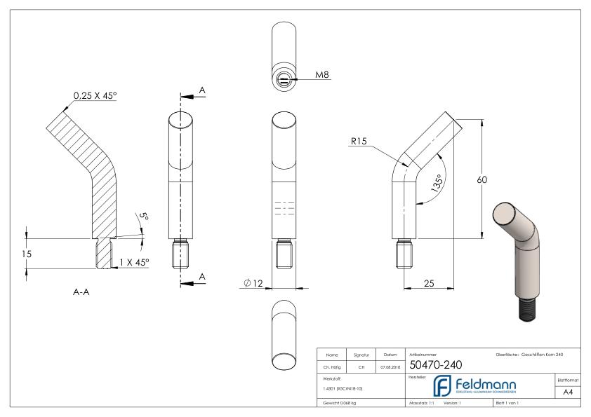 Stift Ø 12mm, L: 60mm, 135° gebogen, V2A