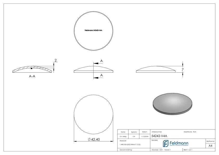 Gewölbte Schale Ø 42,4x2,0mm, H: 7mm, V4A