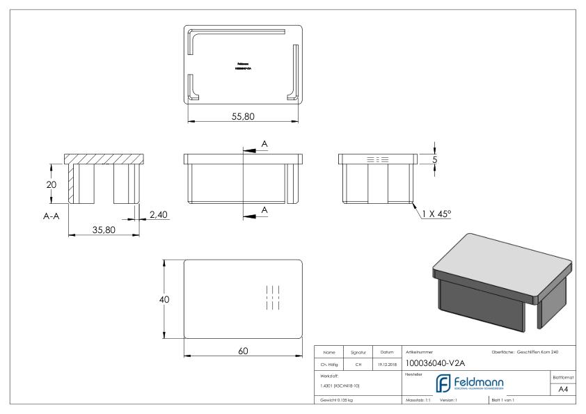 Einsteckkappe, für Rohr 60x40x2,0mm, V2A