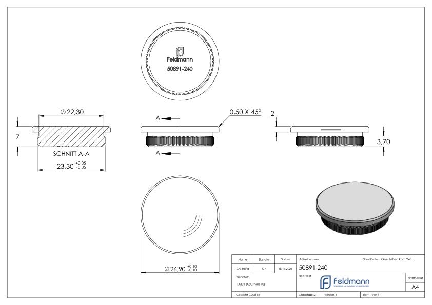 Rohrabschlussstopfen, für Rohr 26,9x2,0mm, V2A