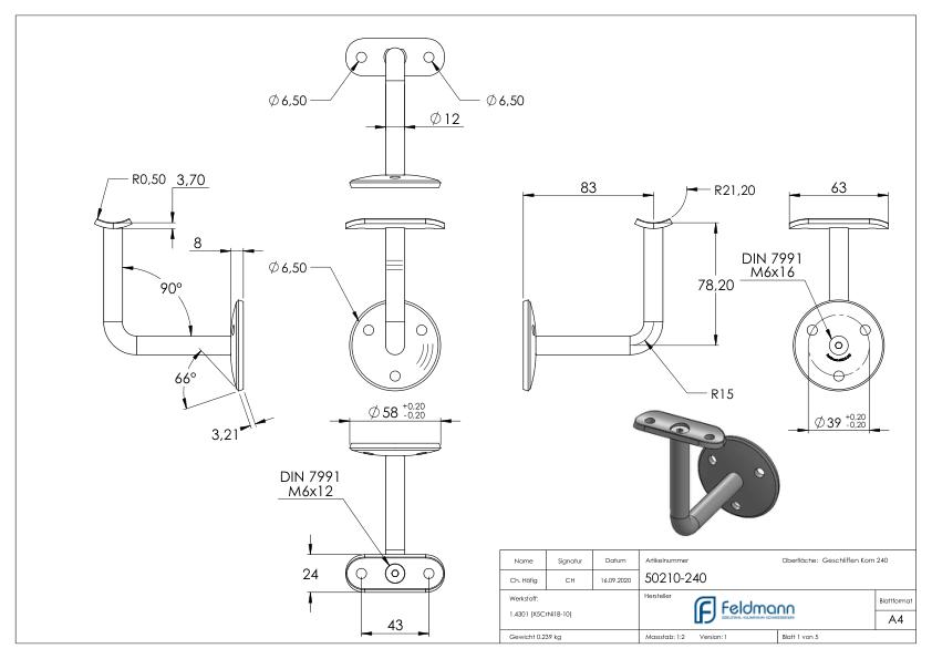 Handlaufhalter mit Handlaufanschlussplatte 42,4mm (Ronde und Bügel verschraubt), V2A