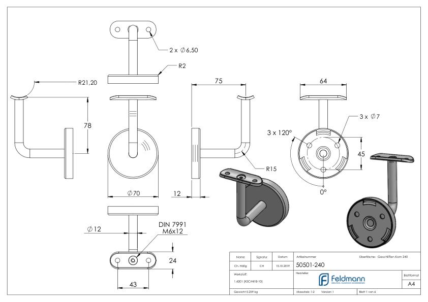 Handlaufhalter mit Handlaufanschlussplatte und Abdeckrosette (Ronde und Bügel verschweißt), V2A