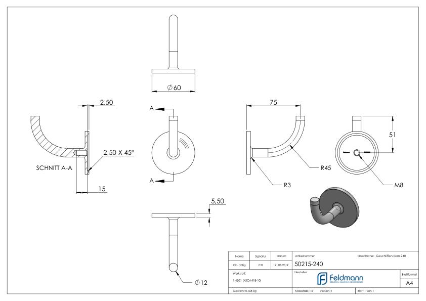 Handlaufhalter zum Anschweißen, (Ronde und Bügel verschweißt), V2A