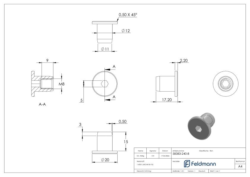 Hülsenmutter mit Flachkopf und ISK, M8, V2A