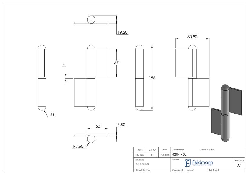 Anschweißband mit festem Zapfen, linke Ausführung