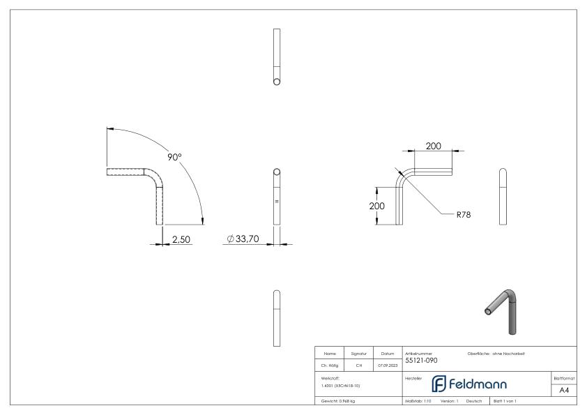 Rohrbogen 90°, aus Rohr 33,7x2,5mm, V2A