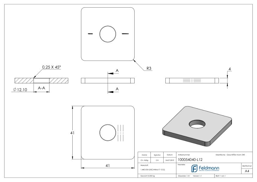Einsteckkappe für Quadratrohr 40x40 mit Bohrung, V4A