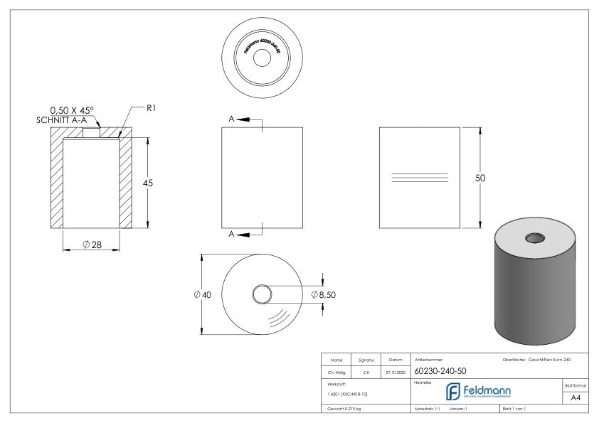 Unterteil Ø 40mm, mit Durchgangsbohrung , t: 50mm, V2A