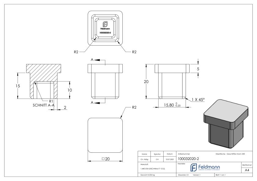 Einsteckkappe, für Rohr 20x20x2,0mm, V4A