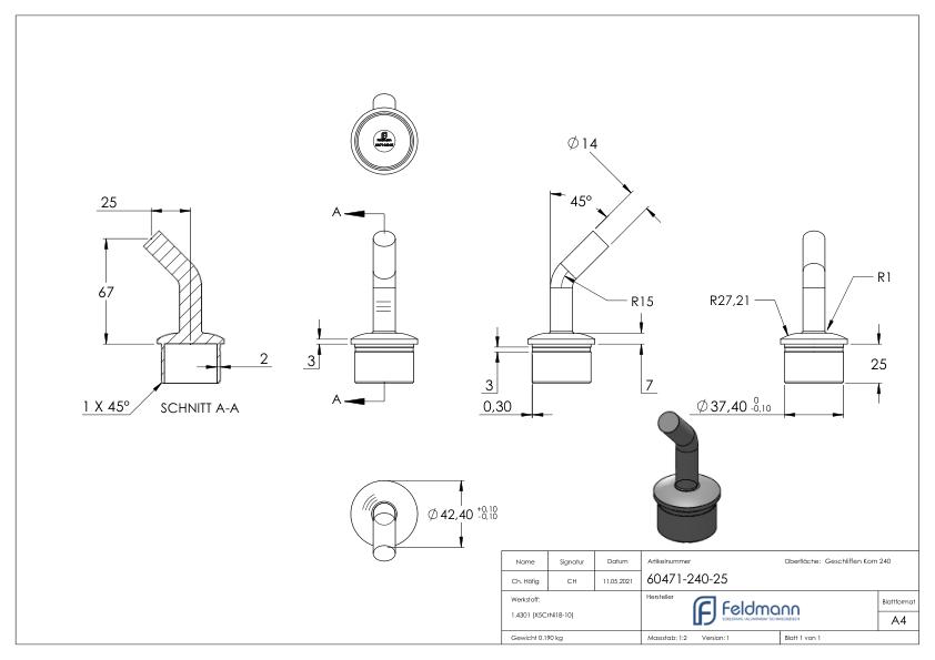 Rohrabschlussstopfen mit Stift 135°, für Rohr 42,4x2,5mm, V2A