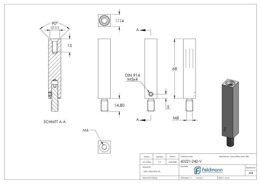 Stift aus 14x14mm, L: 68mm, V2A