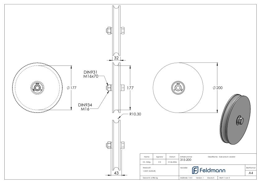 Schiebetorrolle mit Rundrille, Ø 200mm, für Schiene Ø 20mm, 2 Kugellager, verzinkt