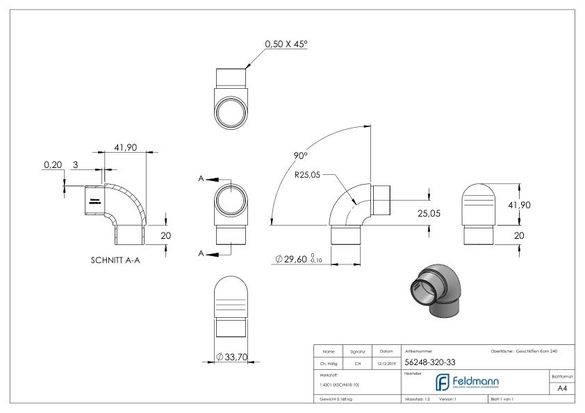 Rohrbogen 90° eng, für Rohr 33,7x2,0mm, V2A