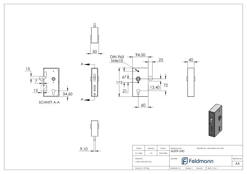 Edelstahlschlosskasten mit verzinktem Schloss & Hakenfalle für Schiebetore, 40x94,5x173mm