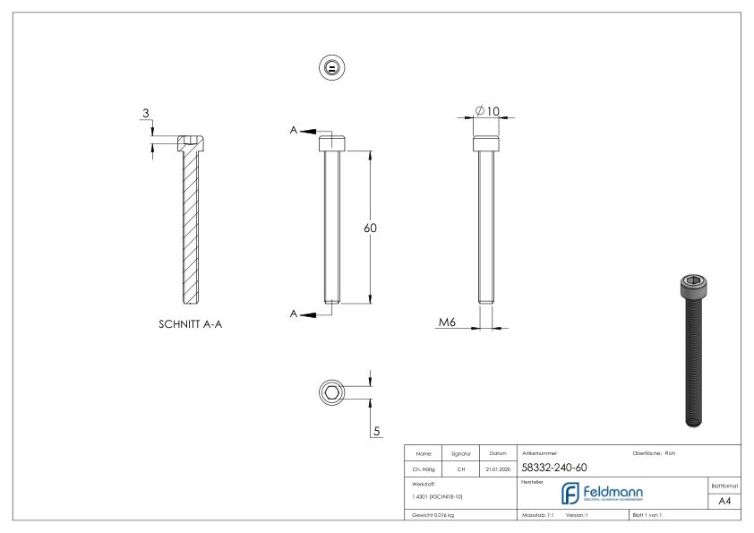 Zylinderkopfschraube M6x60, V2A, DIN 912