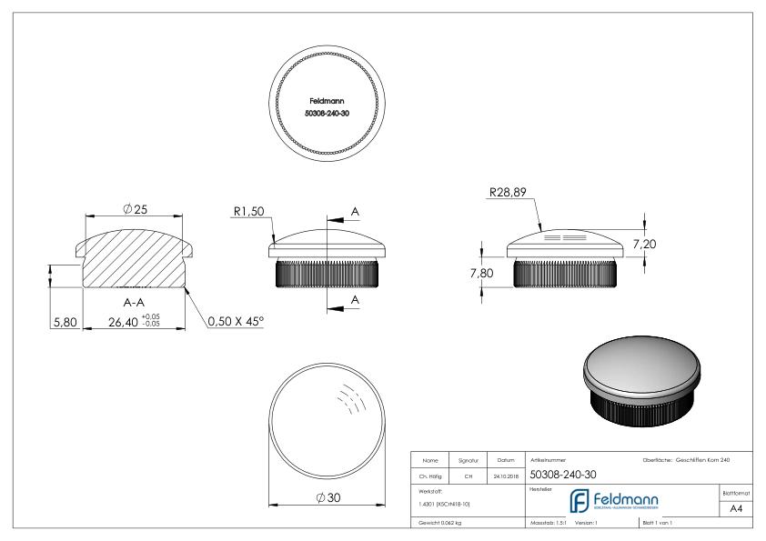 Rohrabschlussstopfen, für Rohr 30,0x2,0mm, V2A