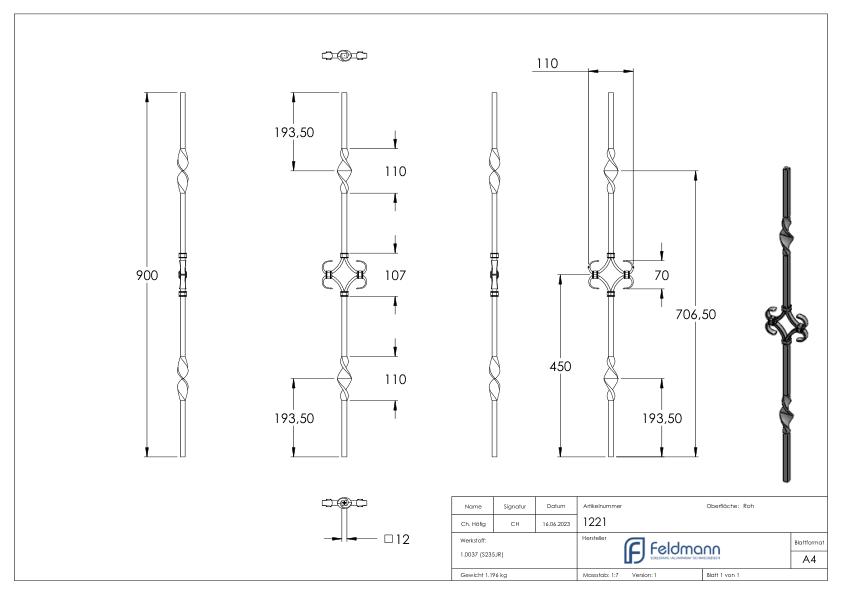 Zierstab 12x12mm, glatt, H: 900mm