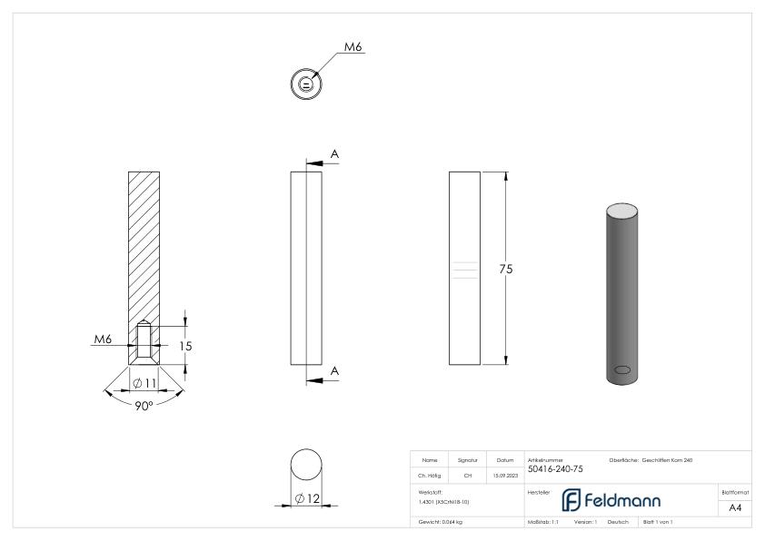 Stift Ø 12mm, L: 75mm, V2A