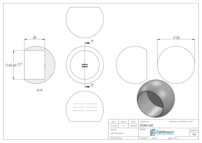 Rohrabschlusskugel, für Rohr 42,4mm, Ø 55mm, V2A