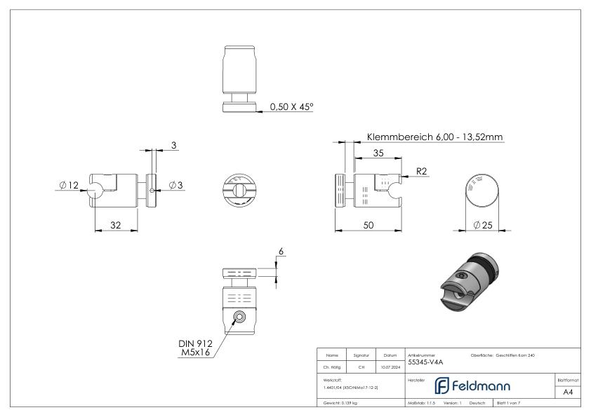 Klemmhalter mit Querstab-Glashalter Ø 25mm, zur nachträglichen Montage, V4A
