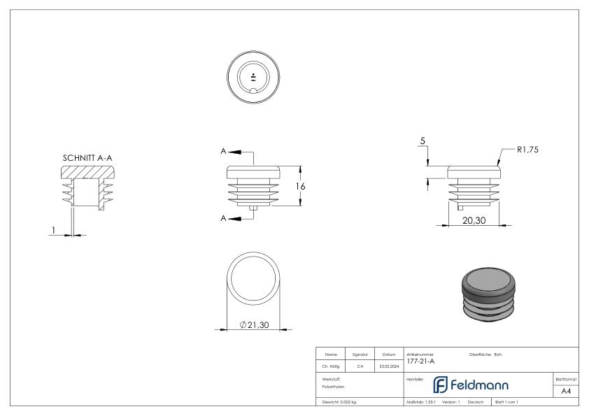 Kunststoffkappe für Rundrohr 21,3mm
