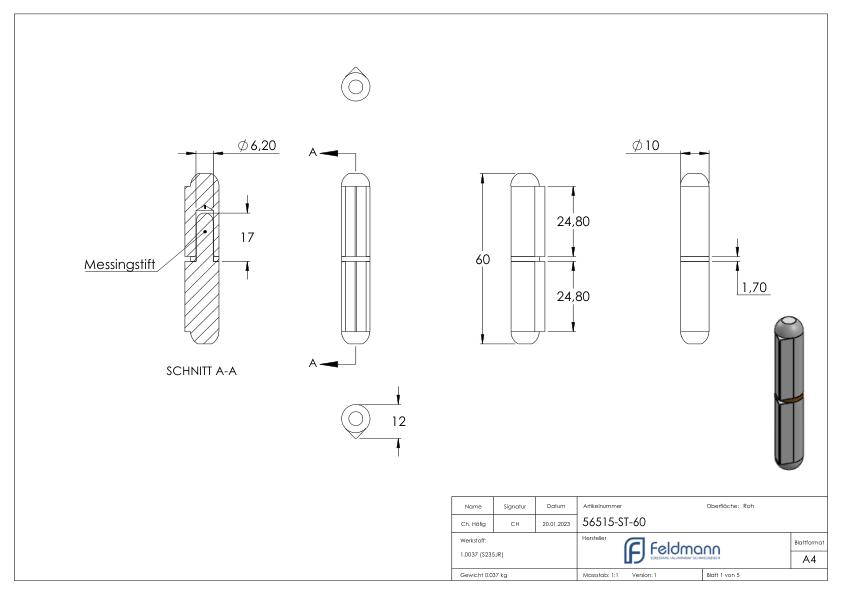 Anschweißband mit Messingring und -stift, Länge: 60mm