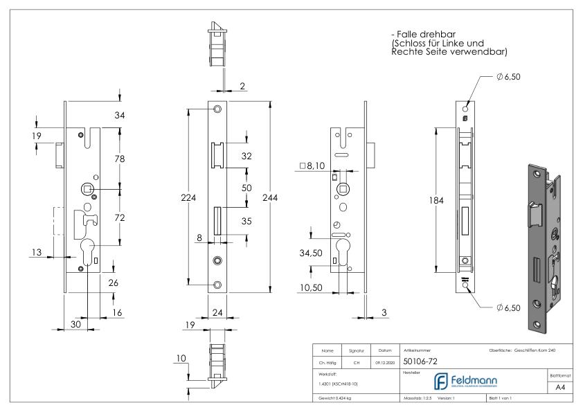 Rohrrahmenschloss verzinkt, Abstand 72 mm verzinkt, Dornmaß 30mm