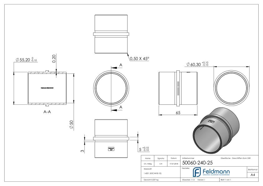 Verbindungsstück für Rohr 60,3x2,5mm, V2A