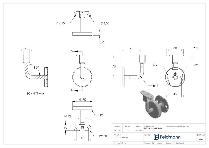 Handlaufhalter für LED Handlauf  (Ronde und Bügel verschweißt), V2A