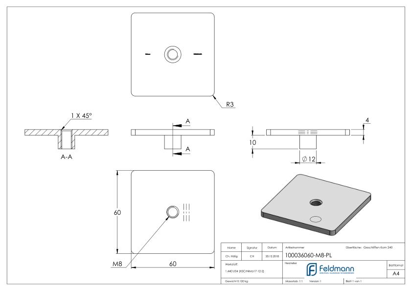Platte, 60x60mm, M8, V4A